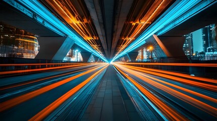 Fototapeta premium A bridge with orange and blue lights is shown in the image. The lights are creating a sense of movement and energy, making the bridge appear dynamic and exciting