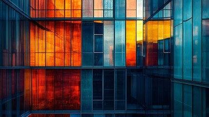 A colorful building with many windows and a reflection of the building in the window. The building is made of glass and has a modern design