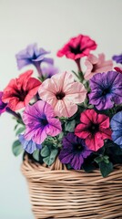 Petunia flowers blooming in a wicker basket on blue background