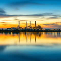 Fototapeta premium Sunset Reflected In Water With Industrial Power Plant, Energy Industry Impact On Environment.