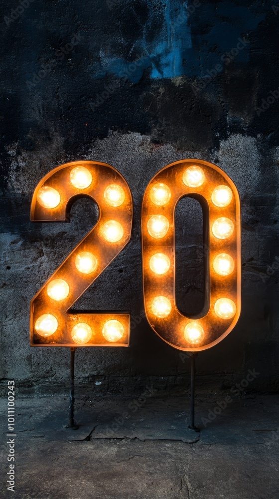 Poster large illuminated number twenty sign standing in front of a textured wall
