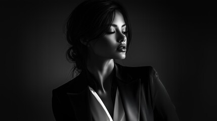 Elegant Asian Woman in Monochrome Fashion, Subtle Lighting and Poised Expression