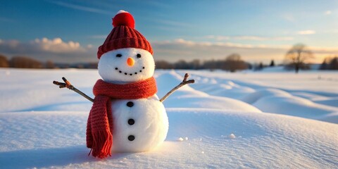 Obraz premium Snowman stands in a snowy field