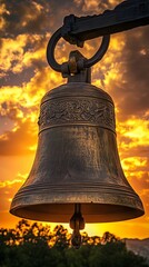 Fototapeta premium Large bell hanging with dramatic sunset sky background
