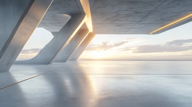 3D render of abstract futuristic architecture featuring innovative designs and flowing forms, accompanied by an empty concrete floor, creating an ideal scene for car presentations