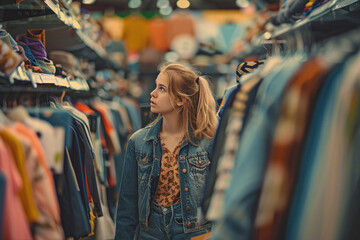 Obraz premium One young woman browse clothing in a second-hand boutique, surrounded by racks of vibrant outfits. The scene captures casual shopping in a relaxed, artistic environment.