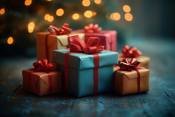 Obraz premium Christmas presents beautifully wrapped with colorful ribbons, elegant wrapping paper and placed under a festive tree with Christmas decorations.