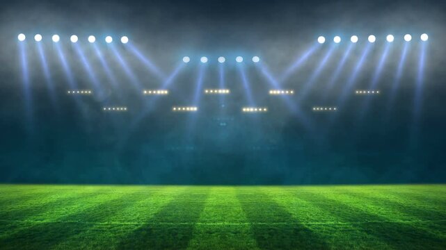 stadium Moving lights, animated flash with people fans. 3d render illustration cloudy sunset	