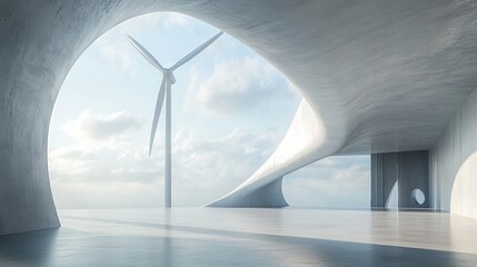 Fototapeta premium 3D rendering of a wind turbine alongside abstract architectural elements, set against a spacious, empty concrete floor. This design embodies the concept of renewable sustainable energy