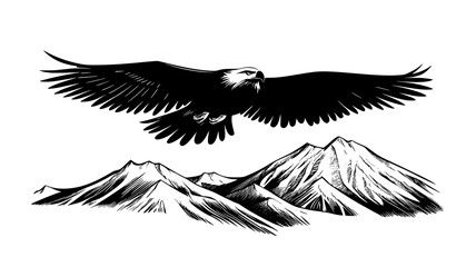 Obraz premium Eagle soaring above a mountainous landscape, wings fully extended, vector illustration art