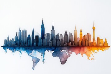 Obraz premium Watercolor cityscape with lines extending to different continents, representing urban-to-urban partnerships.