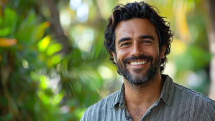 Middle Eastern Man Biologist - man, smiling, outdoors, nature, happiness, portrait, casual, beard, shirt, green, background, trees, sunlight, soft focus, relaxed, male, lifestyle