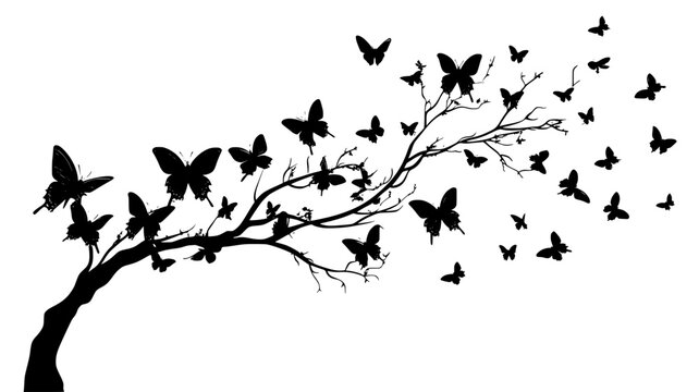 Cluster of butterflies roosting on a tree branch at night, vector illustration art