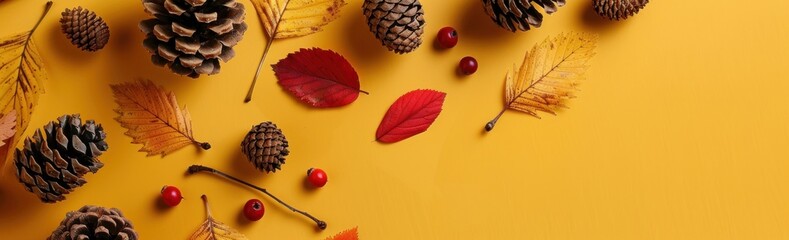 Autumn banner with pine cones, leaves and berries on a yellow background