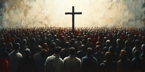 Obraz premium worship gathering of a large crowd praying and worshiping the cross with reverence and devotion highlighting a powerful spiritual event filled with faith and unity