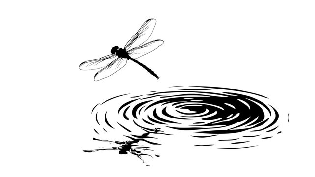 A dragonfly circles over a calm pond, gliding smoothly over the water&rsquo;s surface, vector illustration art