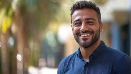Fototapeta premium Middle Eastern Man Coach - smile, portrait, outdoors, happiness, man, casual, friendly, confident, beard, urban, bokeh, relaxed, cheerful, lifestyle, professional, daytime