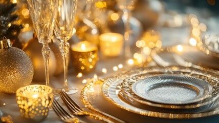 Fototapeta premium Elegant Christmas dinner table glowing with golden and silver elements, featuring gold-rimmed plates, silver cutlery, and shimmering candle holders for a luxurious holiday feast. Christmas dinner