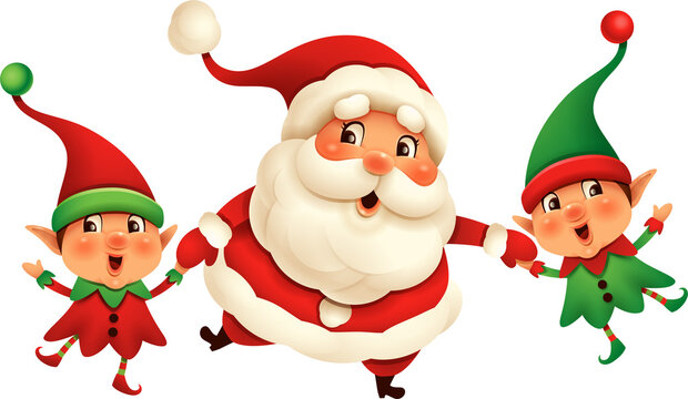 Santa Claus and Little Elves holding hands