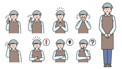 三角巾とエプロンを着用した男性　表情とポーズのバリエーション　セット