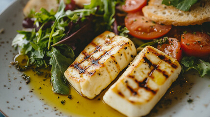 Grilled halloumi salad with fresh vegetables served on a plate for celebration