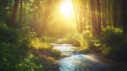 Obraz premium Serene Forest Stream with Sunlight Glimmering