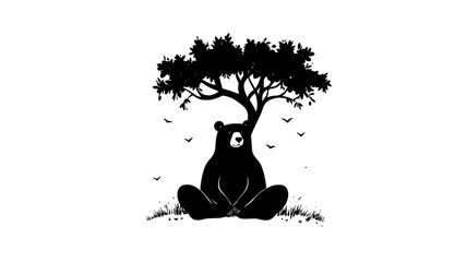 Bear sitting at the base of a tree, legs spread, relaxed posture, vector illustration art