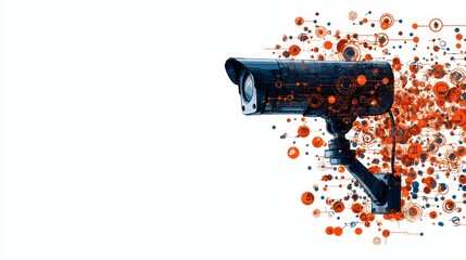 Obraz premium Watercolor surveillance camera surrounded by colorful digital symbols, illustrating data collection and monitoring.