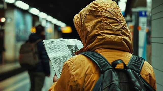 Man wearing a yellow jacket and carrying a backpack is reading a newspaper while waiting for a train at a subway or train station