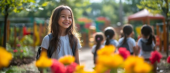 a child smiling in front of flowers