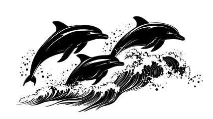 Image of A pod of dolphins leaps out of ocean waves in unison, showcasing their playful spirit, vector illustration art printed on Printed Aluminium Shower Panels