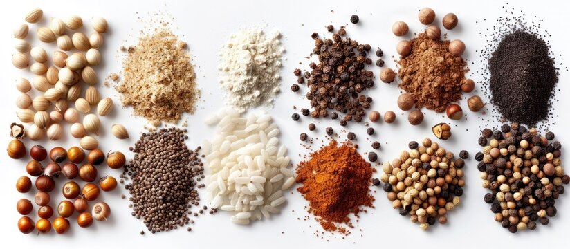 Assortment of various spices and herbs such as cumin coriander turmeric cinnamon pepper paprika and more in piles on a wooden background  Diverse collection of natural