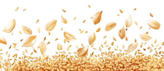 Scattered oat grains stalks and straw on a plain white background  Healthy organic cereal ingredients and raw materials for baking cooking or creating nutritious breakfast dishes like porridge