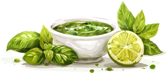 Obraz premium Freshly made basil pesto in a white bowl garnished with whole basil leaves and a slice of lemon The aromatic pesto sauce is a versatile condiment used in various Italian and Mediterranean dishes