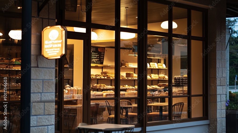 Canvas Prints A modern bakery storefront with a lit sign and large windows showcasing the interior with tables and chairs. 