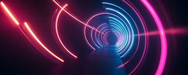 Circular neon lights tunnel forming a futuristic corridor