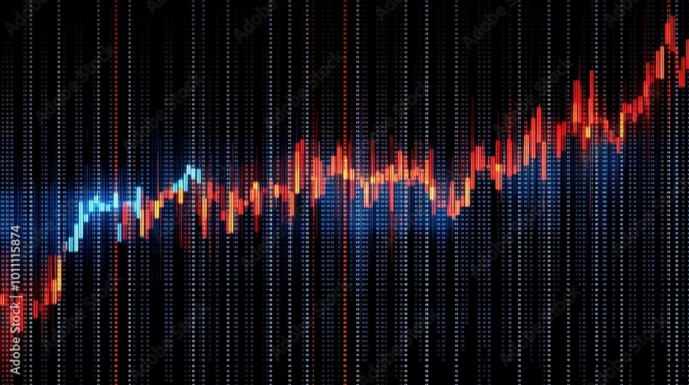 Poster a digital candlestick chart displays red and blue bars showing market price fluctuations and trading