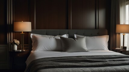 Obraz premium A luxurious bedroom with a king-size bed, white bedding, and two lamps.