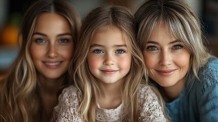 Fototapeta premium a portrait of small girl with mother ,grandmother at the table at home