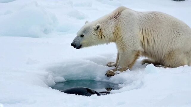 A stunning 4K video capturing a polar bear crouching by an ice hole, intently observing the water as it searches for seals or other prey in the Arctic wilderness.