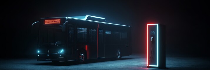 Fototapeta premium Electric Bus Charging at Night, Embracing Sustainable Urban Transport. 3D Illustration.