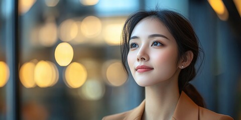 Fototapeta premium young Asian businesswoman with a wealthy and successful background looking away with optimism dreaming of future business investments and career ventures