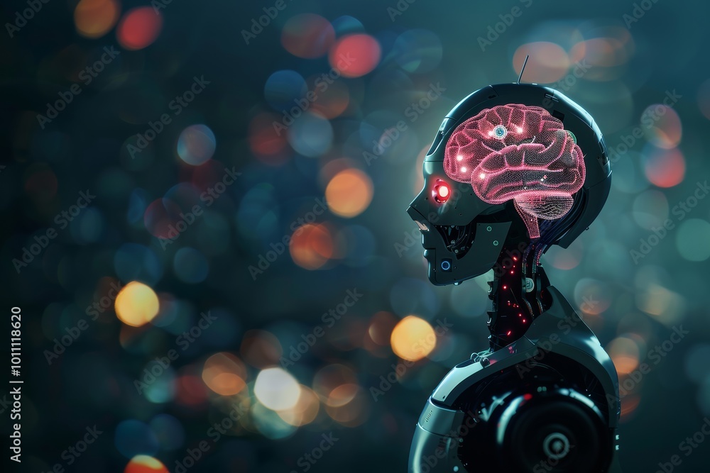 Poster advanced ai robot shown from the side, dark blurred background with ample space for text or banners