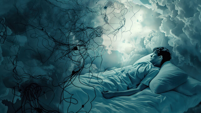 A person lying in bed, surrounded by dark, chaotic dream imagery like tangled wires and storm clouds, symbolizing anxiety dreams.