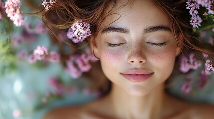Naklejka premium a serene image of woman with closed eyes suggesting relaxation ,rejuvenation embodies the essence of head spa experience