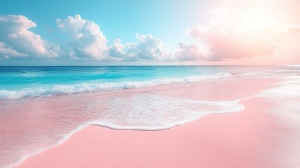 a serene pastel beach scene with soft pink sand ,calm blue ocean under pastel sky