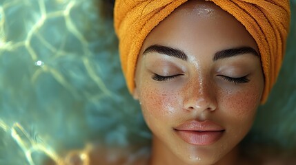 a serene woman with closed eyes wearing head wrap symbolizes relaxation ,rejuvenation in head spa setting