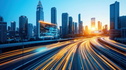 Obraz premium Urban Cityscape at Sunset with Light Trails