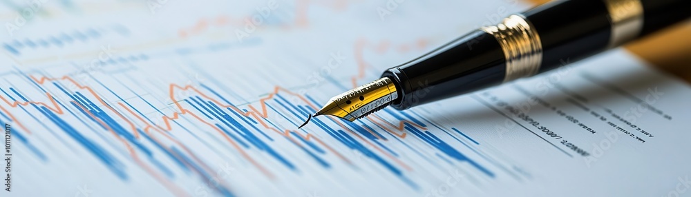 Poster close-up of a pen resting on financial data papers showcasing graphs and trends for business analysi