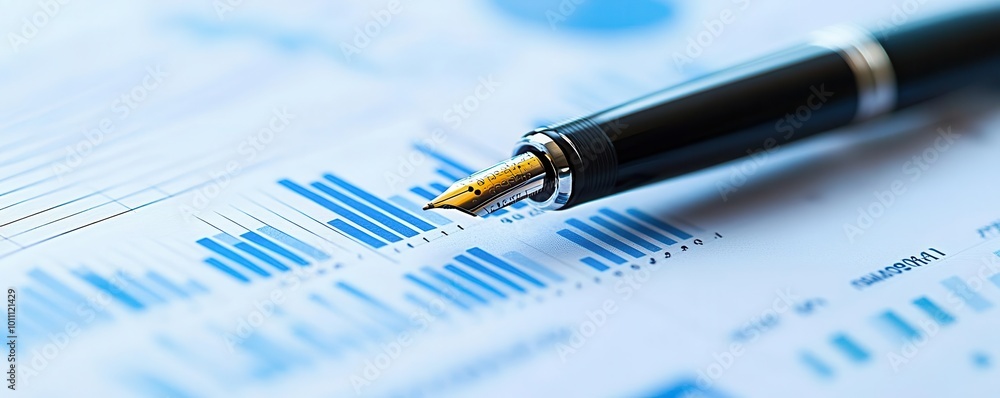 Poster close-up of a pen resting on financial graphs and charts, emphasizing data analysis and business str